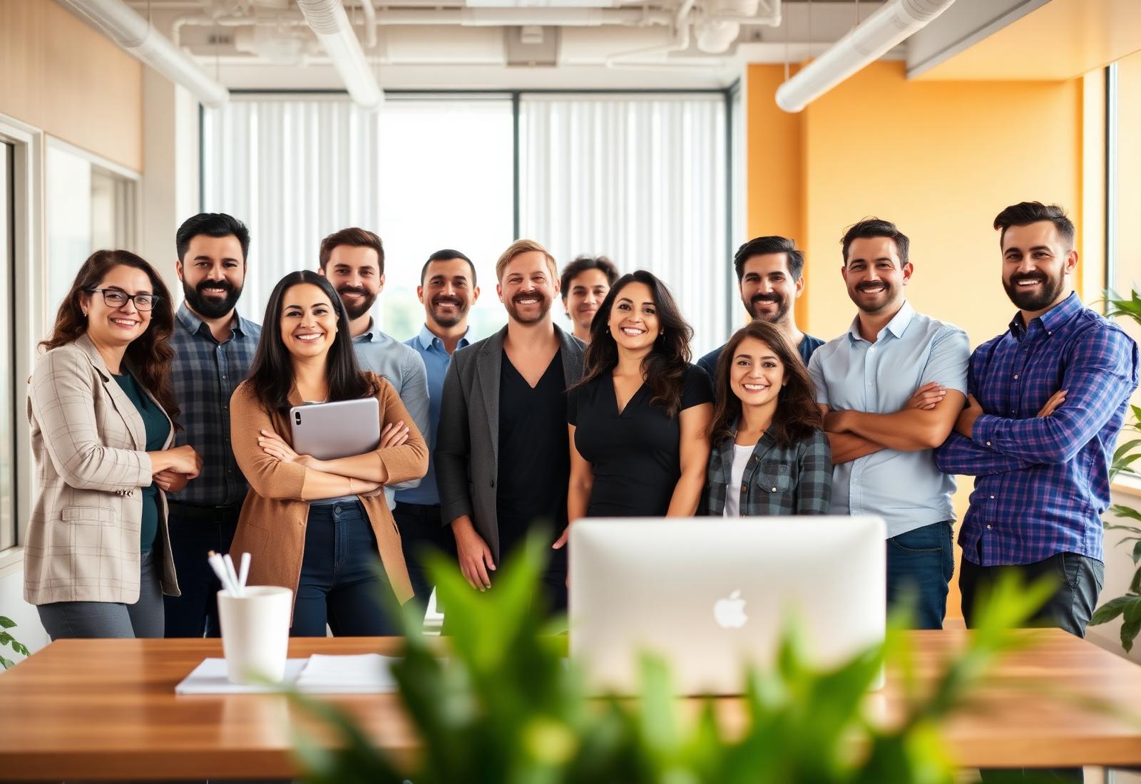 Happy team of employees in office